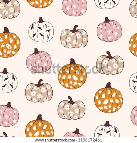 Happy Halloween Autumn fall retro groovy seamless pattern print for fabric, stationery, wallpaper, textile. Repeating digital paper with retro 60s 70s hand drawn vector illustrations