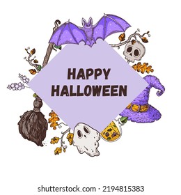 Happy halloween. Autumn leaves, ghost, bat, witch hat, broom, skull candy illustration. Greeting card. Halloween label. Hand drawn vector illustration. Design template. Cartoon style.