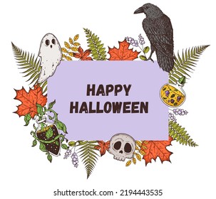 Happy halloween. Autumn leaves, potion, raven, ghost, skull candy illustration. Greeting card. Halloween label. Hand drawn vector illustration. Design template. Cartoon style.