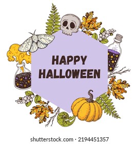 Happy halloween. Autumn leaves, potion, pumpkin, skull candy illustration. Greeting card. Halloween label. Hand drawn vector illustration. Design template. Cartoon style.