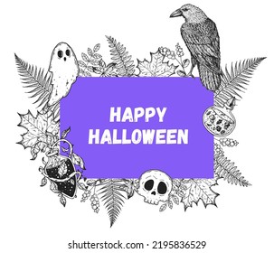 Happy halloween. Autumn leaves, potion, raven, ghost, skull candy illustration. Greeting card. Halloween label. Hand drawn vector illustration. Design template. Sketch style.