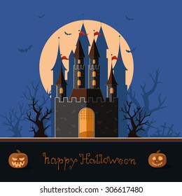 Happy Halloween. autumn. The road to the castle among the trees. Flat vector illustration.