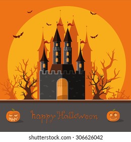 Happy Halloween. autumn. The road to the castle among the trees. Flat vector illustration.