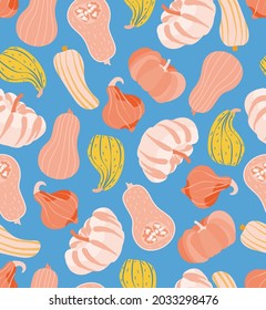 Happy Halloween. Autumn seamless pattern with bright colorful pumpkins on blue background. Vector hand-drawn sketch.