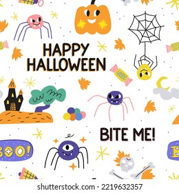 Happy Halloween. Autumn spooky seamless pattern. Hand drawn vector illustrations with scary characters. Seasonal celebration art. Pumpkin, spider, skull, bones, castle.