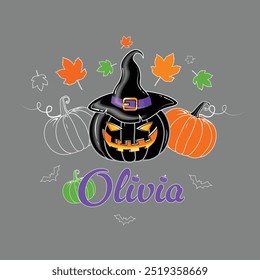 Happy Halloween and Autumn Vector Isolated printable Design Halloween Creative and cool Halloween t shirt with Olivia Name. Print on any shirt or any item poster banner  greeting card pod or any else