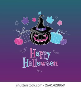 Happy Halloween and Autumn Vector Neon Colors Design in Magenta and Blue Colors. Creative and cool Halloween Background or poster, banner, greeting card or any else. 