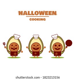 Happy Halloween. Avocado chef character. A smiling avocado character. Cartoon cute style avocado. Halloween cooking.