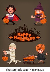 Happy Halloween. Baby characters with baskets of candy. Vector illustration of a flat design