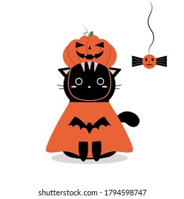 Happy Halloween. Baby collection. Cute black cat in an orange costume and pumpkin hat. Isolated vector cartoon character