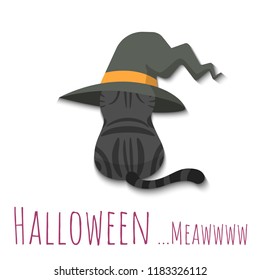 Happy Halloween. Back of black cat wearing halloween witch hat costumed. Cute cartoon character. Vector illustration.