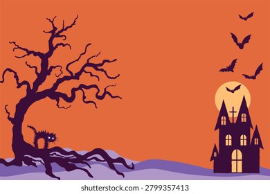 Happy Halloween backdrop, Bigtree, cute black cat,castle , bats with big moon illustration, for banner, background, Vector hand drawn. 
