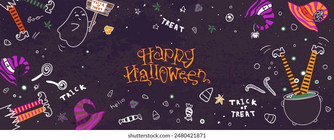 Happy Halloween background. Halloween, 31 October. Hats, legs, bowler hat, sweets in naive style. Dark gray grunge texture.
