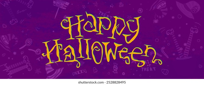 Happy Halloween background. Halloween, 31 October. Hats, legs, bowler hat, sweets in naive style. Dark purple grunge texture.