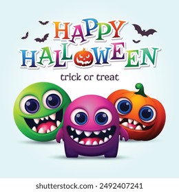 Happy Halloween background with 3D Funny Cartoon Monsters illustration