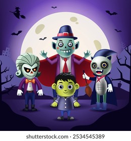 Happy Halloween background with 4 Cute funny characters in 3D style on a creepy forest. Monster, Dracula, Zombie, and a Witch. Treat or Trick. Full moon and purple sky with a witch flying. Vector. EPS