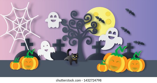 Happy Halloween background for  banner and advertising . paper cut and craft style . 