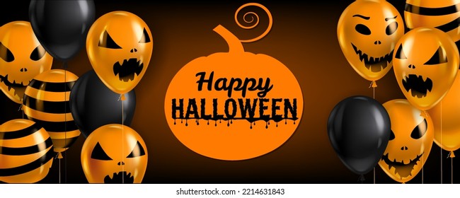 Happy Halloween background, banner with Balloons air realistic. Scary smiles, ghost icons black, orange colors. Halloween template