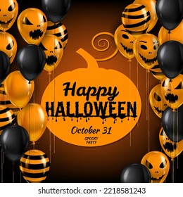Happy Halloween background, banner with Balloons air realistic. Scary smiles, ghost icons black, orange colors. Halloween template