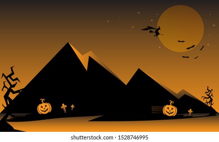 Happy Halloween background, Halloween banner, Black dead tree pumpkins with bats, Night Halloween