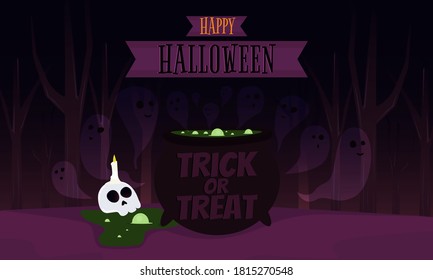 Happy Halloween background and banner with cauldron and horror. Vector illustration. 