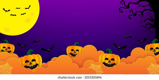 Happy Halloween background banner with clouds, pumpkins, bats, full moon. Vector illustration with paper cut style and can editable. Place for text