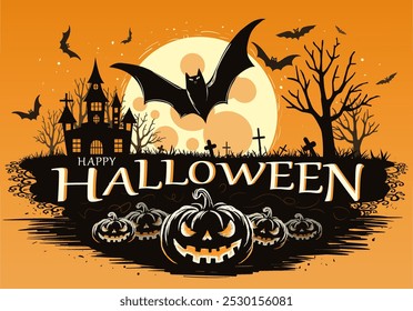 Happy Halloween. A background or banner depicting a castle, a moon with bats and pumpkins. An invitation to the party. Halloween promotions for online stores and social networks.