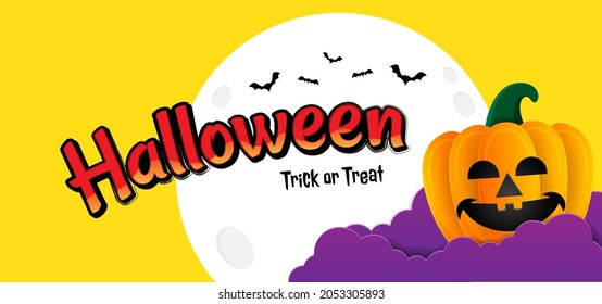 Happy Halloween background banner with night view, clouds, pumpkins, bats, full moon. Vector illustration with paper cut style and can editable