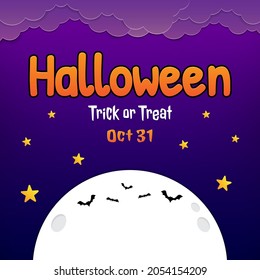 Happy Halloween background banner with night view, clouds, bats and big moon. Vector illustration with paper cut style and can editable