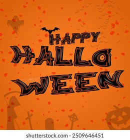 Happy Halloween background or banner for October event. Orange background and scary smiling pumpkin, ghost, flying bats, creepy witch. Vector illustration.