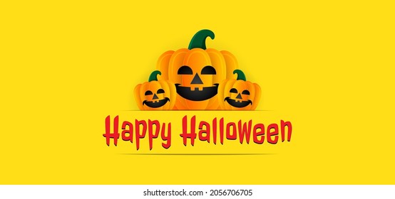 Happy Halloween background banner with pumpkins and Halloween text on yellow background. Vector illustration and can editable. Place for text