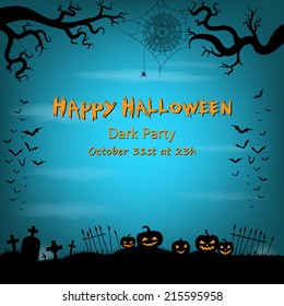 Happy Halloween background with bats, spider web, spider, halloween lanterns and graveyard.