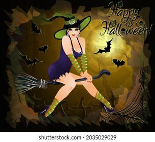 Happy halloween background with beautiful young  witch, vector illustration	