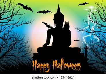 Happy Halloween background with  big buddha statue,owl,dead tree,bats and thunderbolt