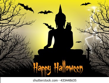 Happy Halloween background with  big buddha statue,owl,dead tree,bats and thunderbolt