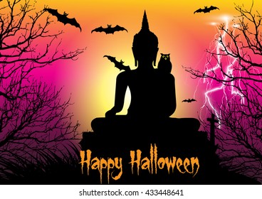 Happy Halloween background with  big buddha statue,owl,dead tree,bats and thunderbolt
