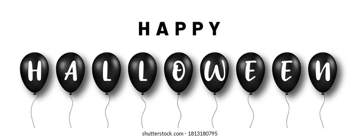 Happy Halloween background. Black balloons with letters for Halloween decoration. Scary and spooky background for Halloween holiday. Vector