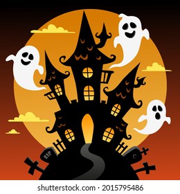 Happy Halloween. Background with black castle, moon, pumpkins, ghosts