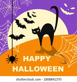 Happy Halloween background. Black cat, bats, spider and cobweb on an orange and purple background. Flat image, vector.