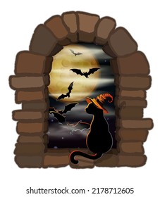 Happy Halloween background with black cat in witch hat. vector illustration