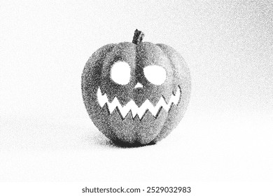 Happy Halloween Hintergrund mit schwarzem Halbton gepunktete Korn Kürbis geschnitten Silhouette einzeln auf weißem Hintergrund. Retro, stipple, Geräusch Halloween grinsenden Kürbis. Vektorgrafik