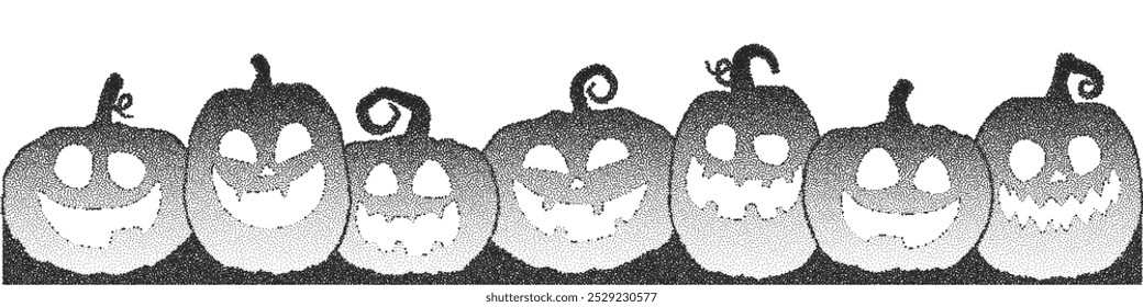 Happy Halloween Hintergrund mit schwarzem Halbton gepunktete Korn Kürbis geschnitten Silhouetten einzeln auf weißem Hintergrund. Retro, stippig, rauschend Halloween grinsende Kürbisse in einer Reihe. Vektorgrafik