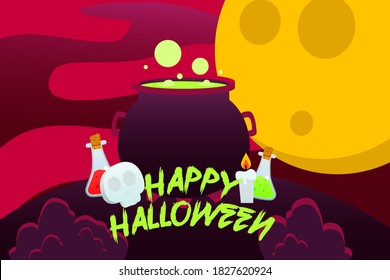 Happy Halloween Background with black witches cauldron with green potion, Red and Green Potion Bottle, candle and Skull on a full moon night