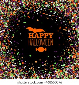 Happy Halloween background of bright randomly falling geometric forms with composition of bat, text, candy in a center.