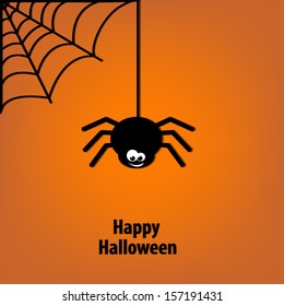 Happy Halloween background card with a spider hanging from a spider web