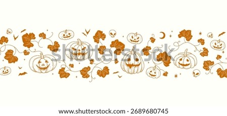 Happy halloween background or card template with hand drawn pumpkins and curly brunch with leaves