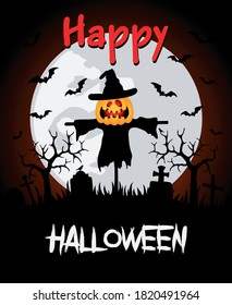 Happy Halloween background card. Vector illustration scarecrow pumpkin at a cemetery on halloween