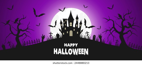 Happy Halloween background with castle, bat, moon, cross, tombstones. Spooky violet background. Vector illustration