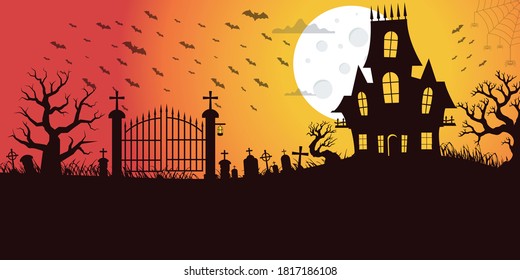 Happy Halloween background with castle and graveyard under the moonlight in flat vector style	
