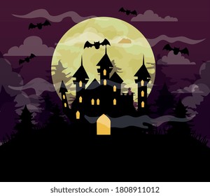 happy halloween background with castle haunted, bats flying, full moon in dark night vector illustration design